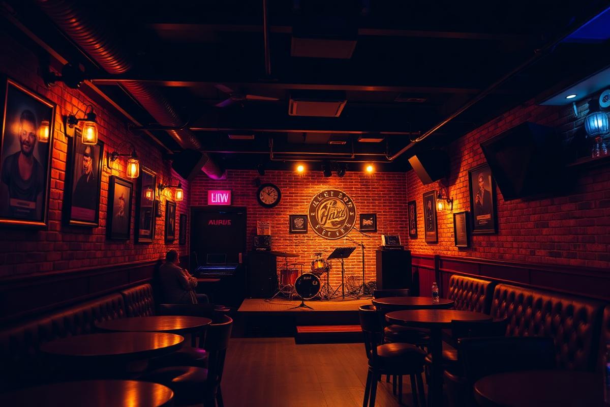 Intimate live music bar with a small lit stage
